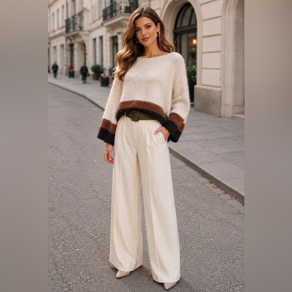 🧶Handmade Soft Luxe Color-Block Merino Wool White, Brown, Sweater size medium
